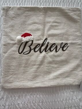 Vibhsa Holiday 'Believe' Embroidered Throw Pillow Cover - Cream with Red Accent